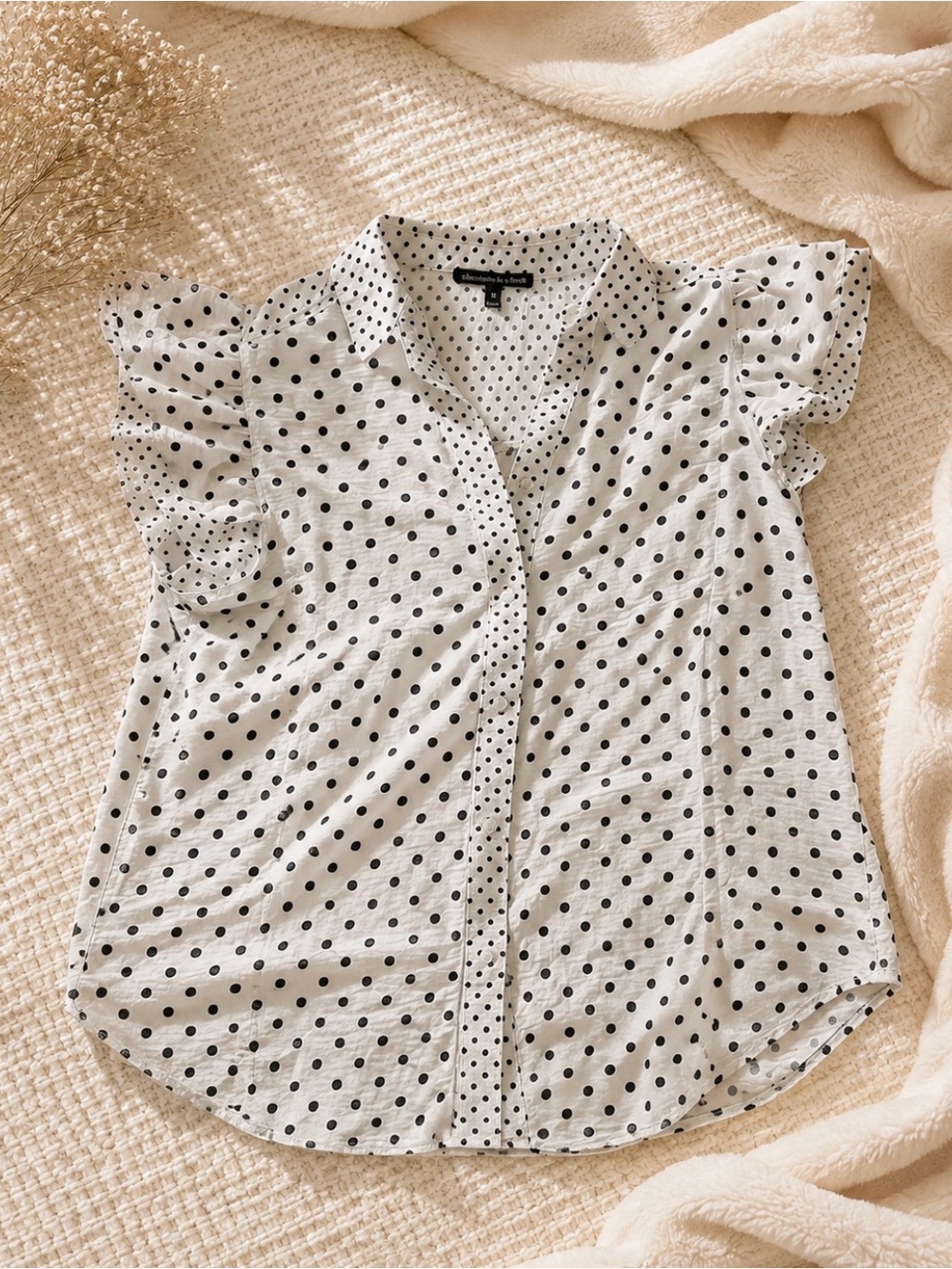 Black Polka Dot Ruffle Sleeve Blouse - White